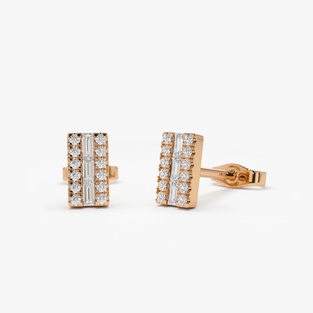 14K Rose Baguette Diamond Bar Earrings