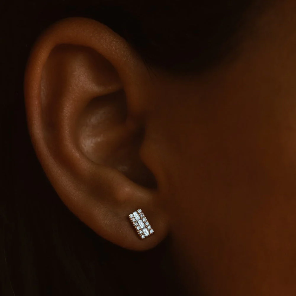 14K Rose Baguette Diamond Bar Earrings - Image 4