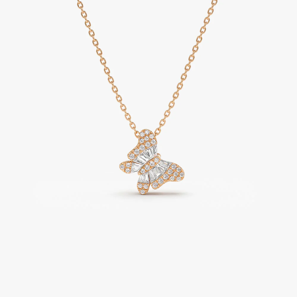 14k Rose Baguette Diamond Butterfly Necklace