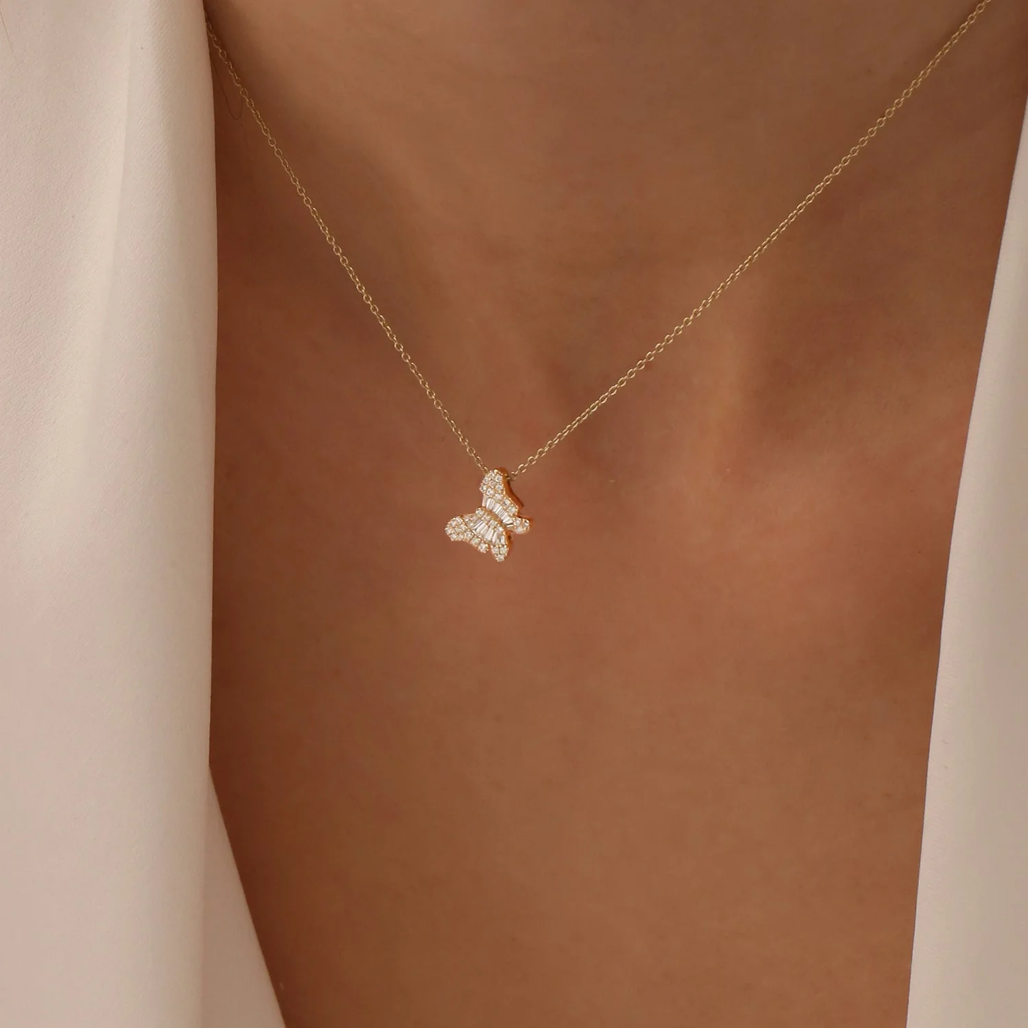 14k Rose Baguette Diamond Butterfly Necklace - Image 3