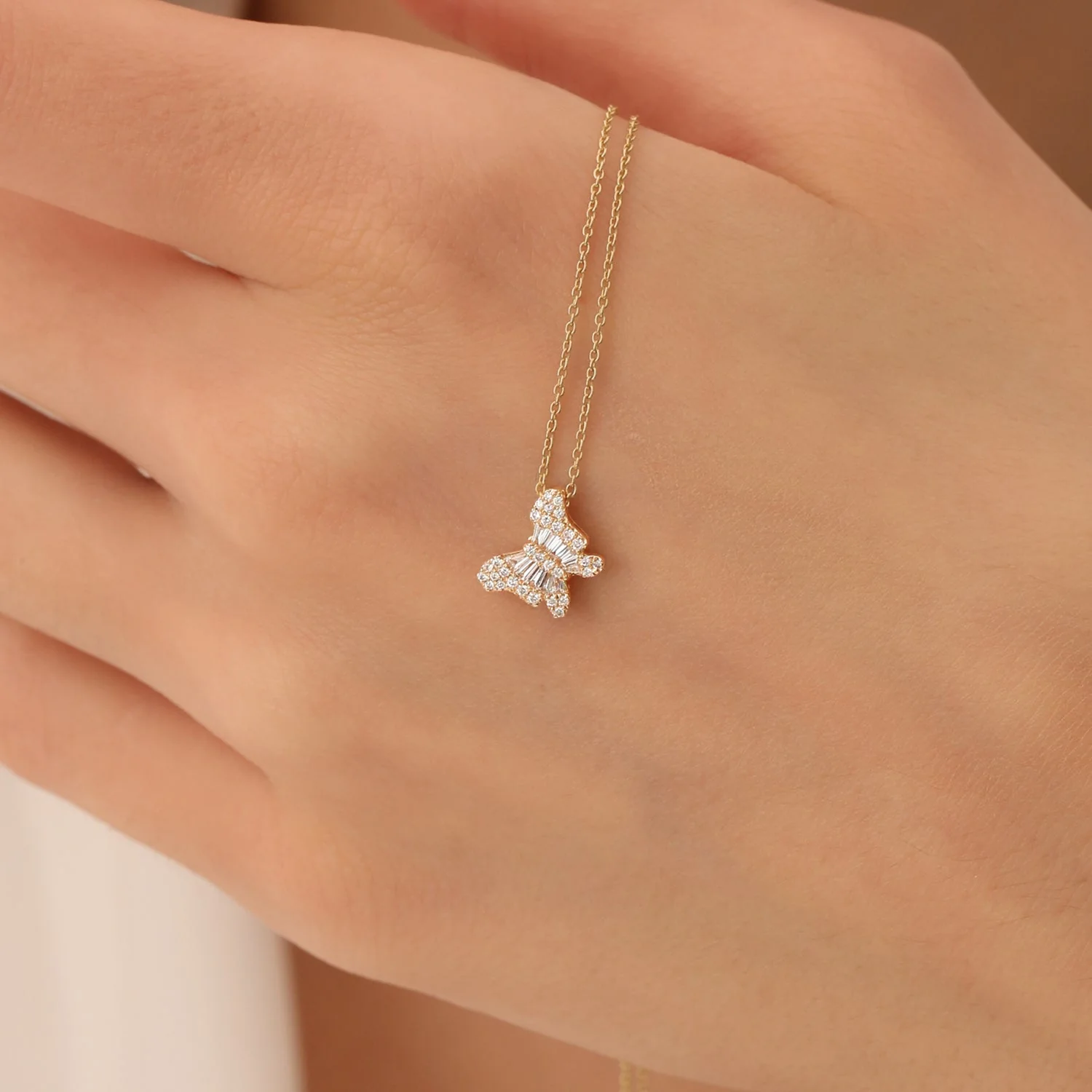 14k Rose Baguette Diamond Butterfly Necklace - Image 4