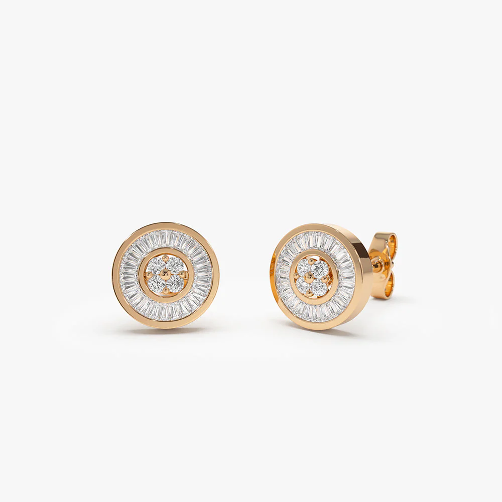 14k Rose Baguette Diamond Channel Setting Disc Diamond Studs