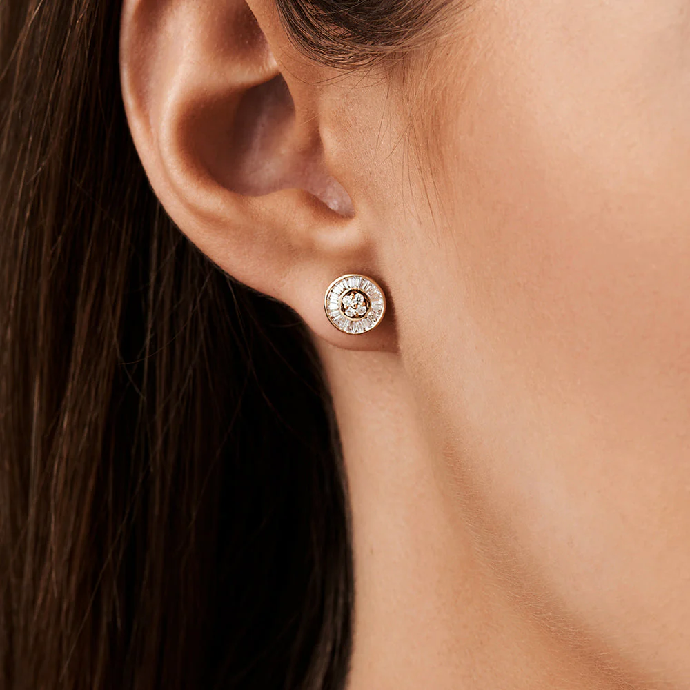 14k Rose Baguette Diamond Channel Setting Disc Diamond Studs - Image 4