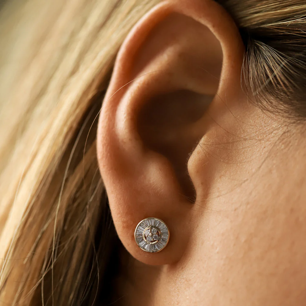 14k Rose Baguette Diamond Channel Setting Disc Diamond Studs - Image 5