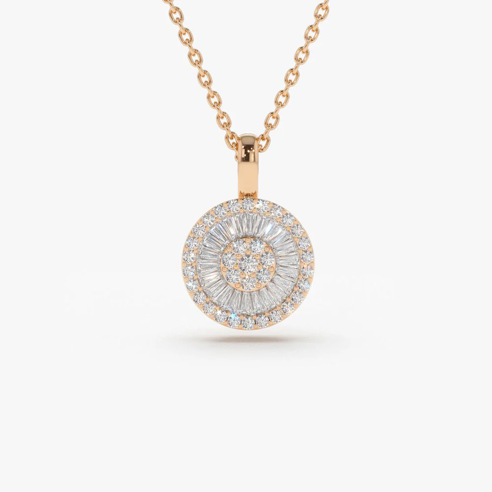 14K Rose Baguette Diamond Disc Cluster Necklace