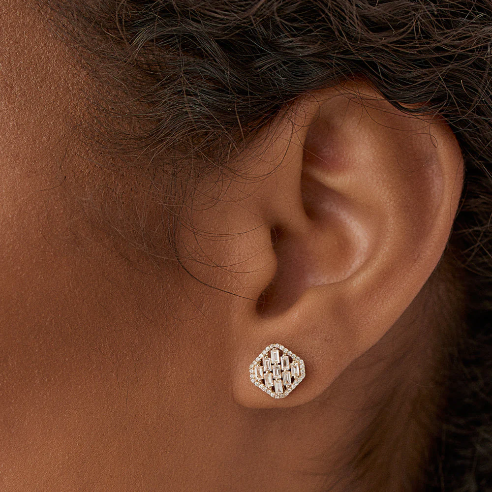 14k Rose Baguette Diamond Earrings in Halo Setting - Image 2