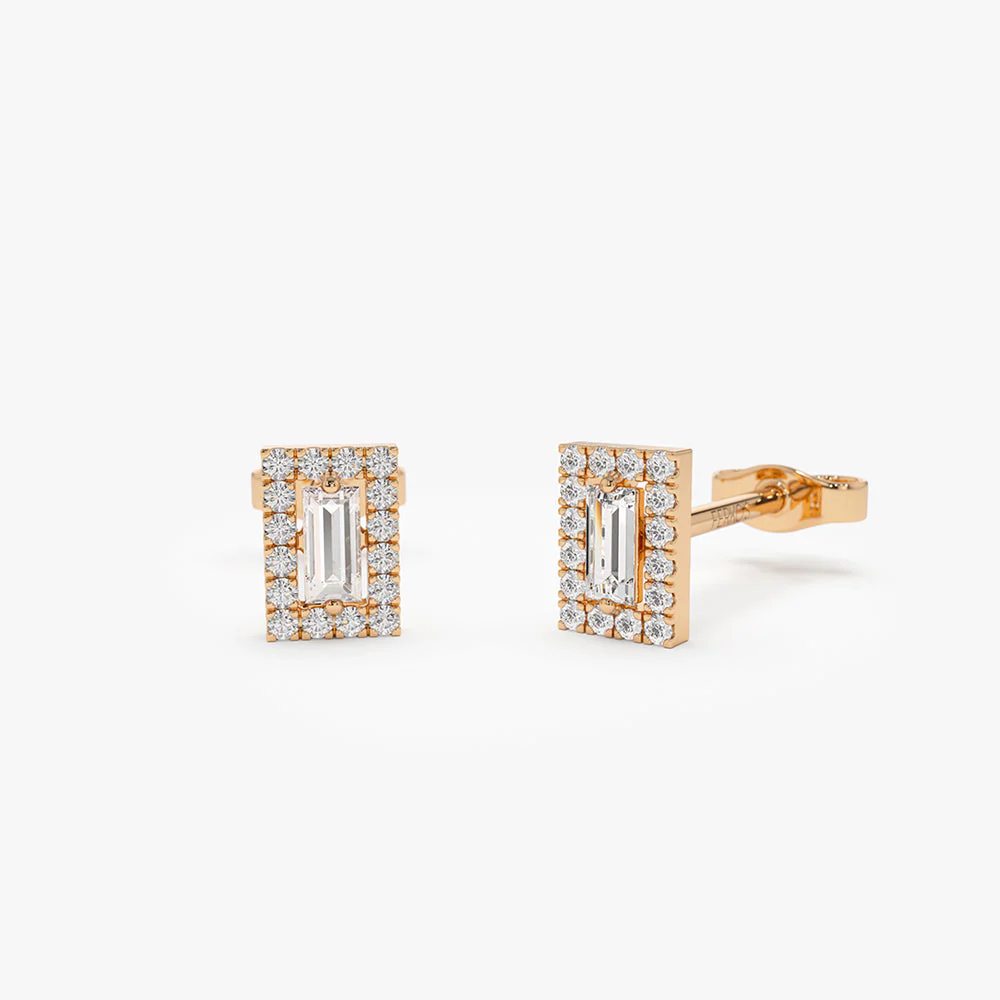 14k Rose Baguette Diamond Halo Setting Diamond Studs