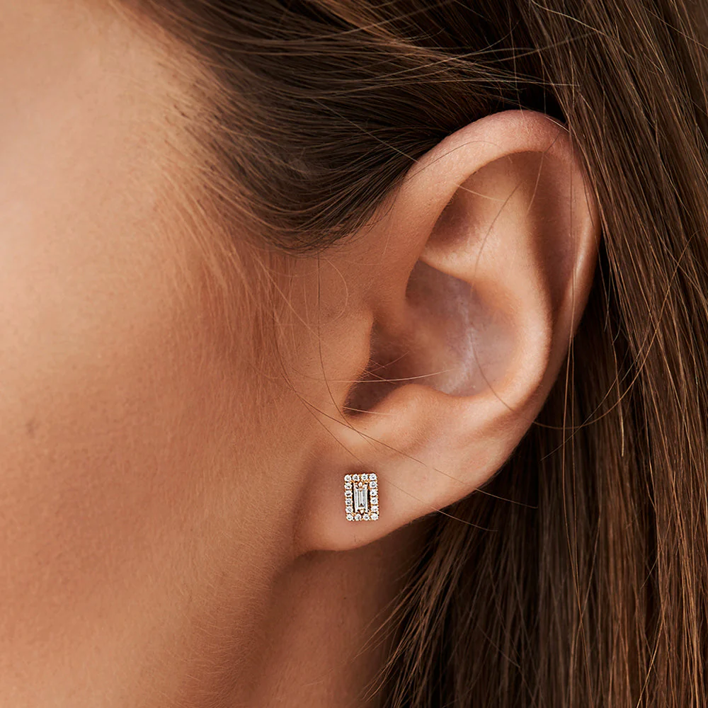 14k Rose Baguette Diamond Halo Setting Diamond Studs - Image 3