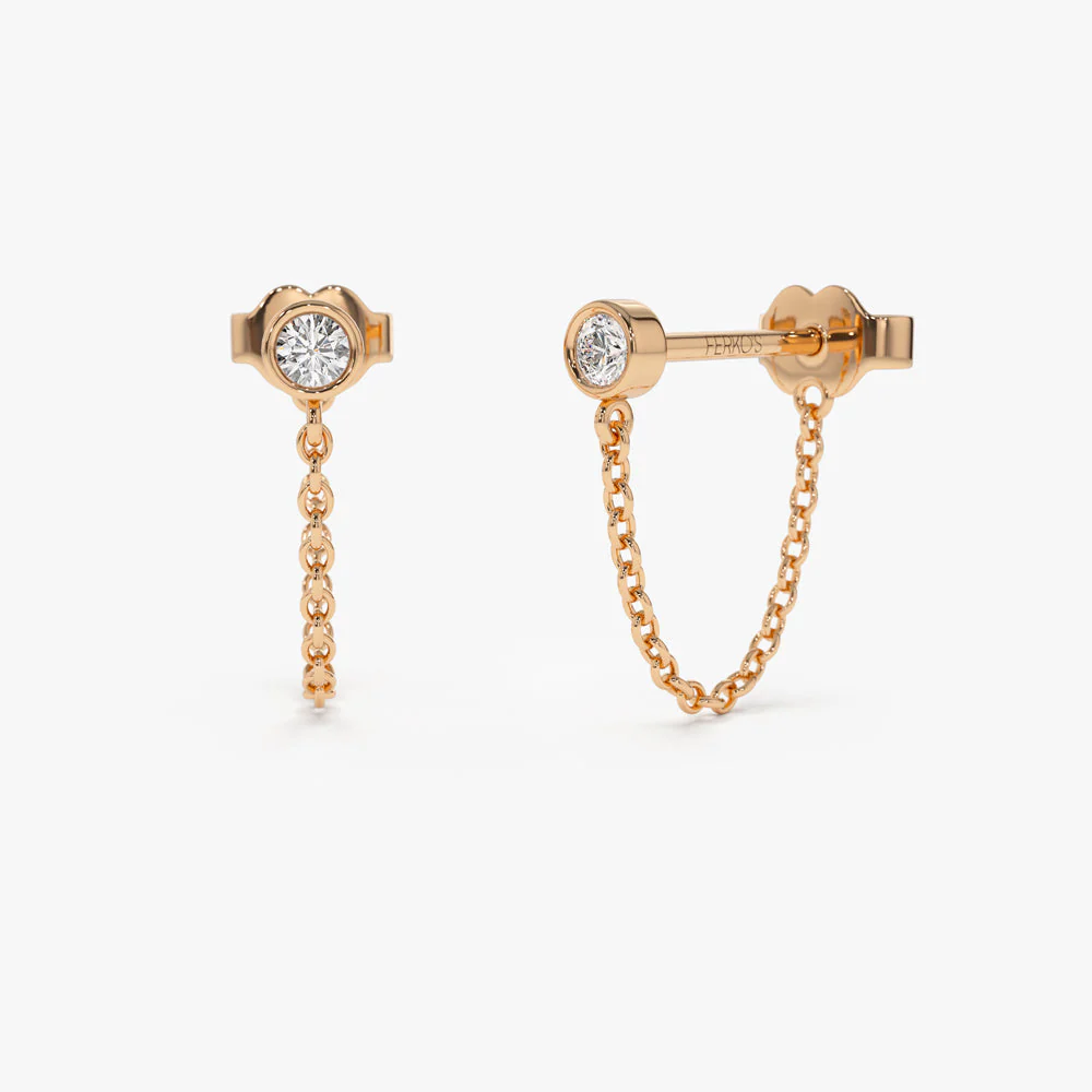 14k Rose Bezel Setting Diamond Studs Chain Earrings