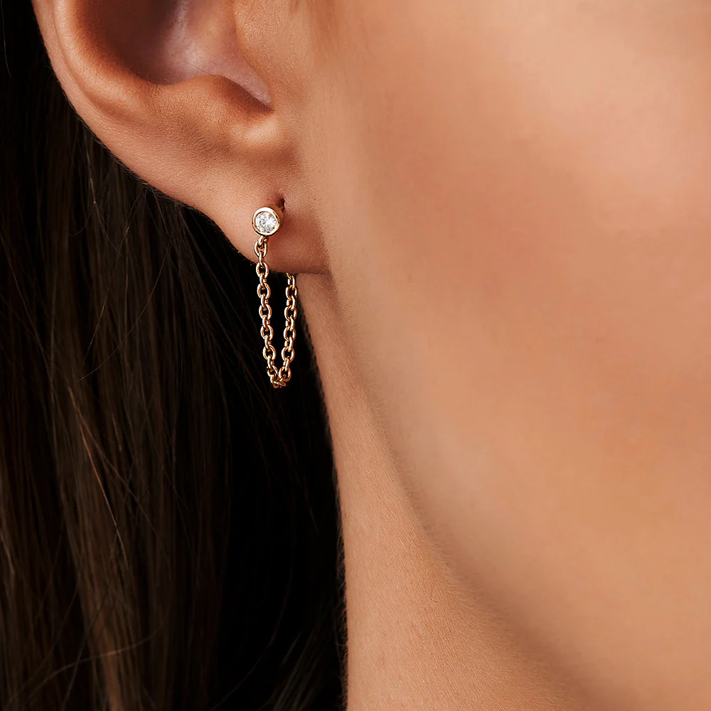 14k Rose Bezel Setting Diamond Studs Chain Earrings - Image 3
