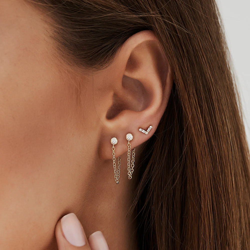 14k Rose Bezel Setting Diamond Studs Chain Earrings - Image 5