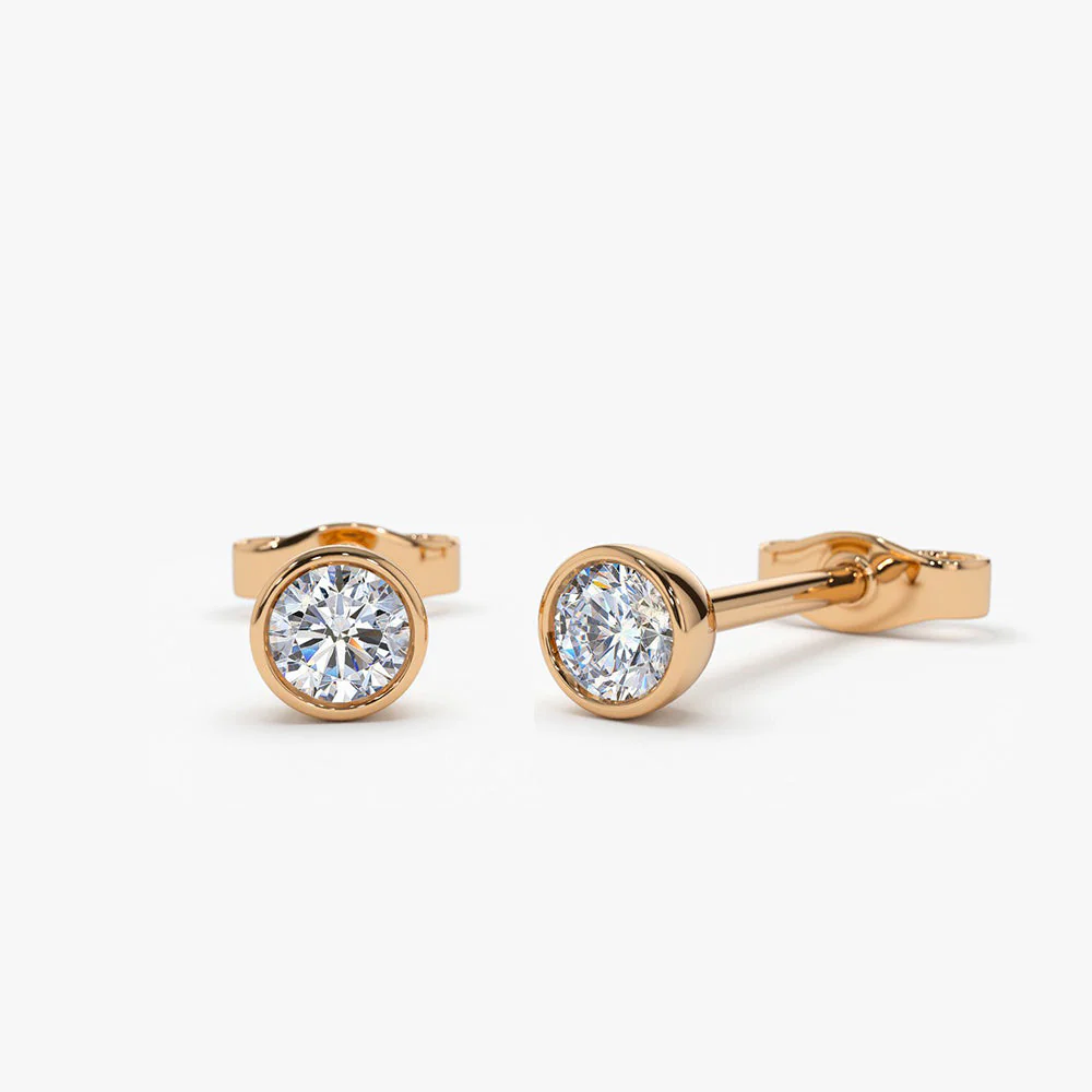14K Rose Bezel Setting Round Diamond Studs