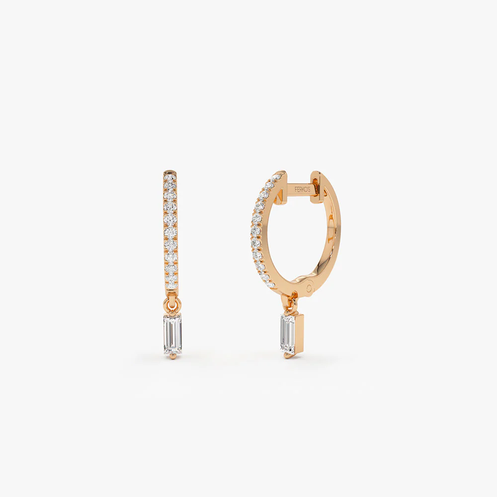 14k Rose Diamond Huggies with a Dangling Baguette Diamond