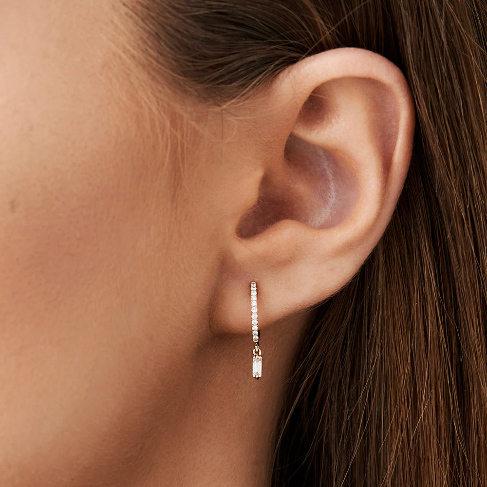 14k Rose Diamond Huggies with a Dangling Baguette Diamond - Image 2
