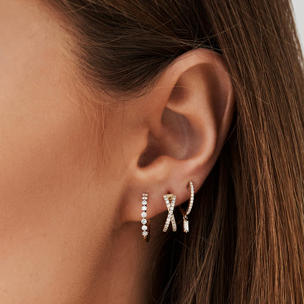 14k Rose Diamond Huggies with a Dangling Baguette Diamond - Image 3