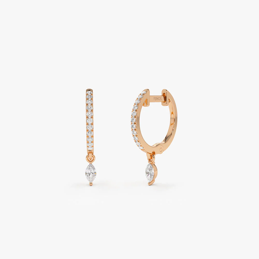 14k Rose Diamond Huggies with a Dangling Marquise Diamond