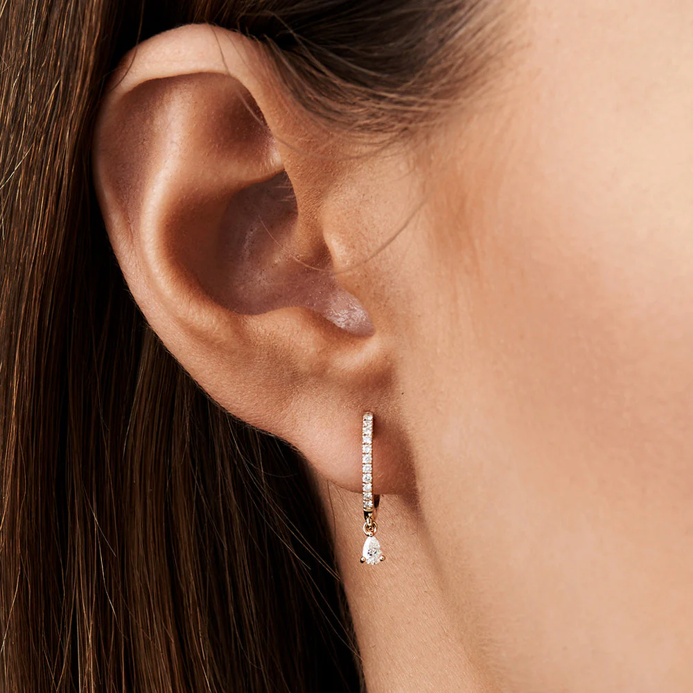 14k Rose Diamond Huggies with a Dangling Pear Shape Diamond - Image 2
