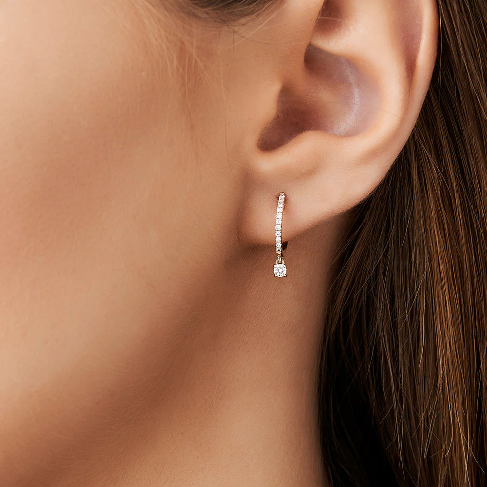 14k Rose Diamond Huggies with a Dangling Round Diamond - Image 2