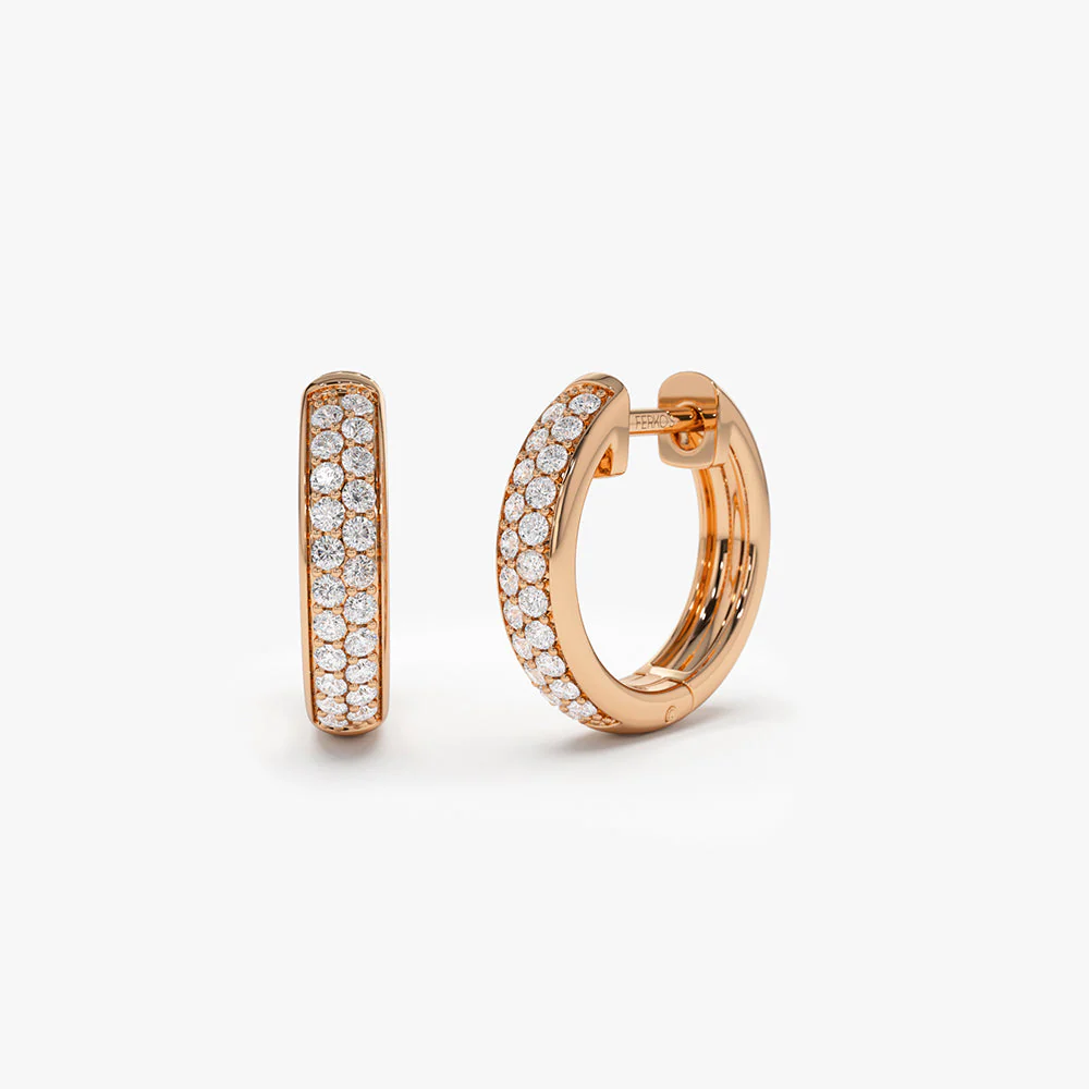 14k Rose Double Row Micro Pave Petite Diamond Hoops