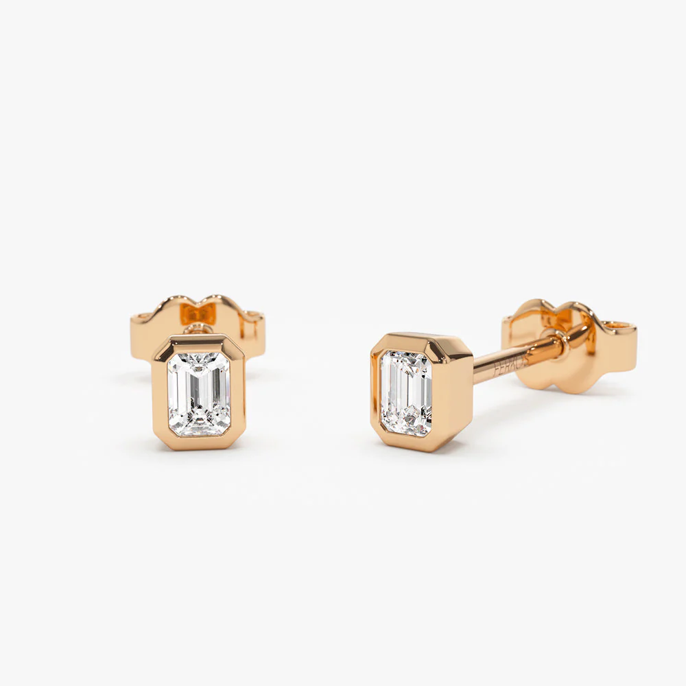 14k Rose Emerald Cut Bezel Setting Stud Earrings
