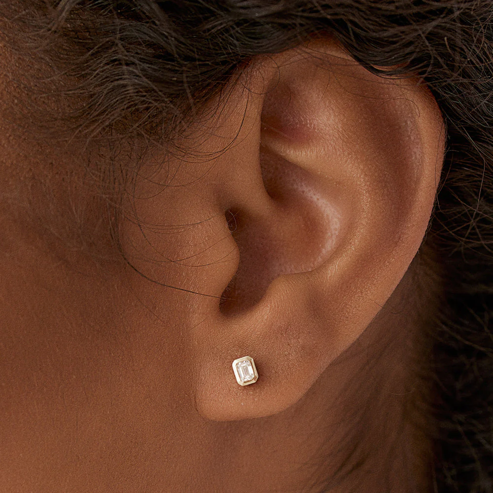 14k Rose Emerald Cut Bezel Setting Stud Earrings - Image 3