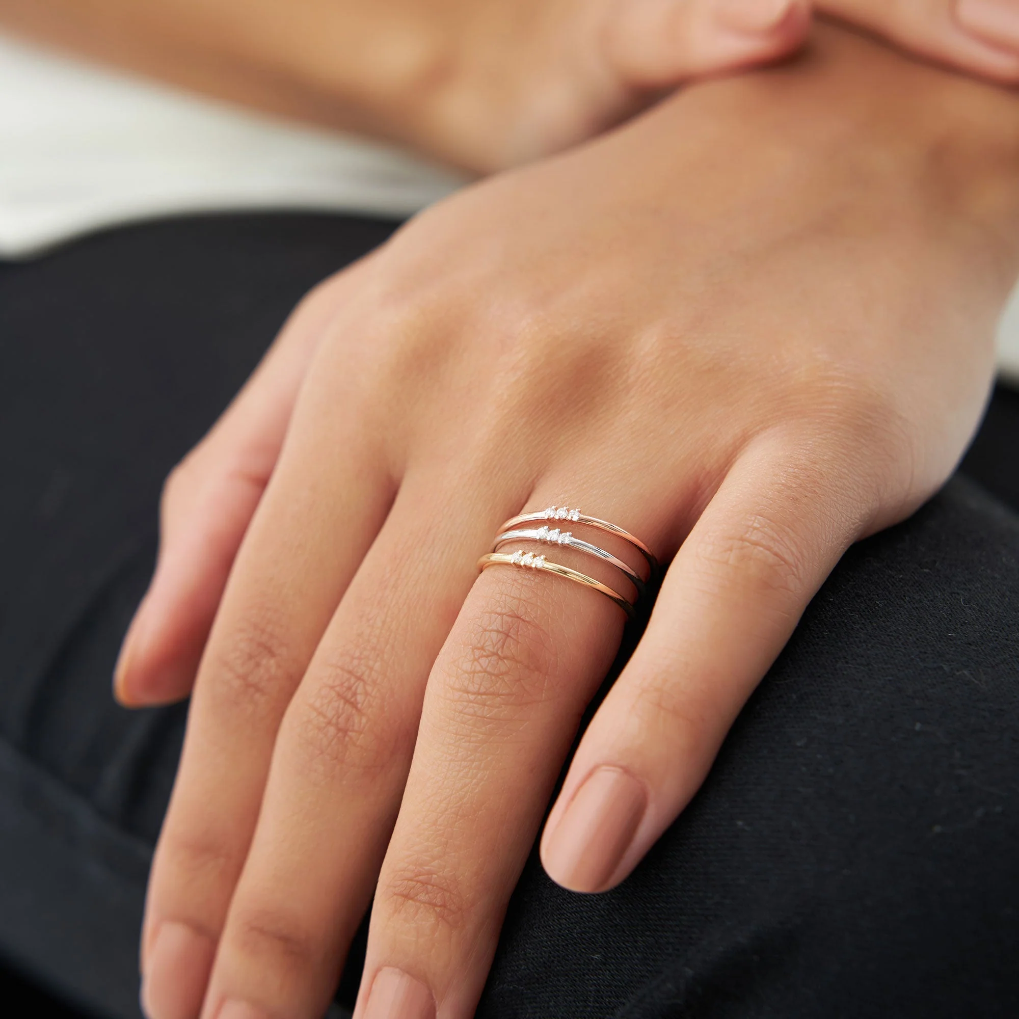 14K Rose Gold 3 Stone Minimalist Diamond Ring - Image 6
