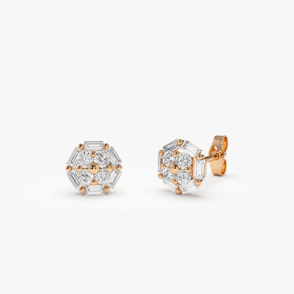 14k Rose Gold Baguette and Round Diamond Cluster Studs