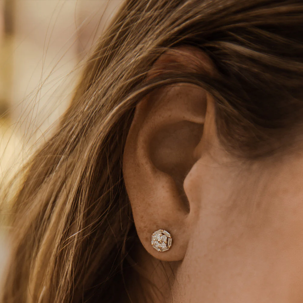 14k Rose Gold Baguette and Round Diamond Cluster Studs - Image 2