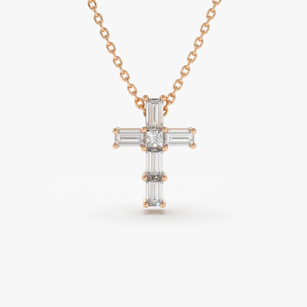 14K Rose Gold Baguette Diamond Tiny Cross Necklace