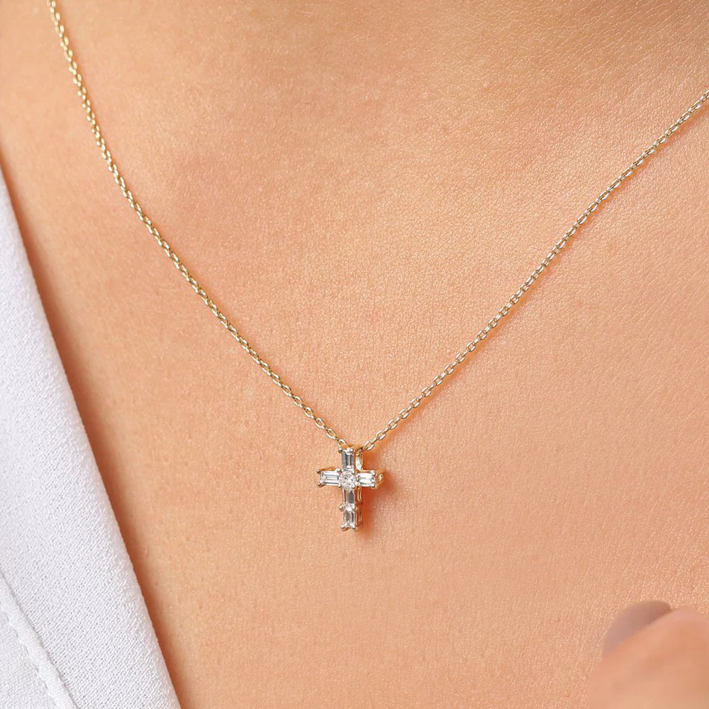 14K Rose Gold Baguette Diamond Tiny Cross Necklace - Image 2