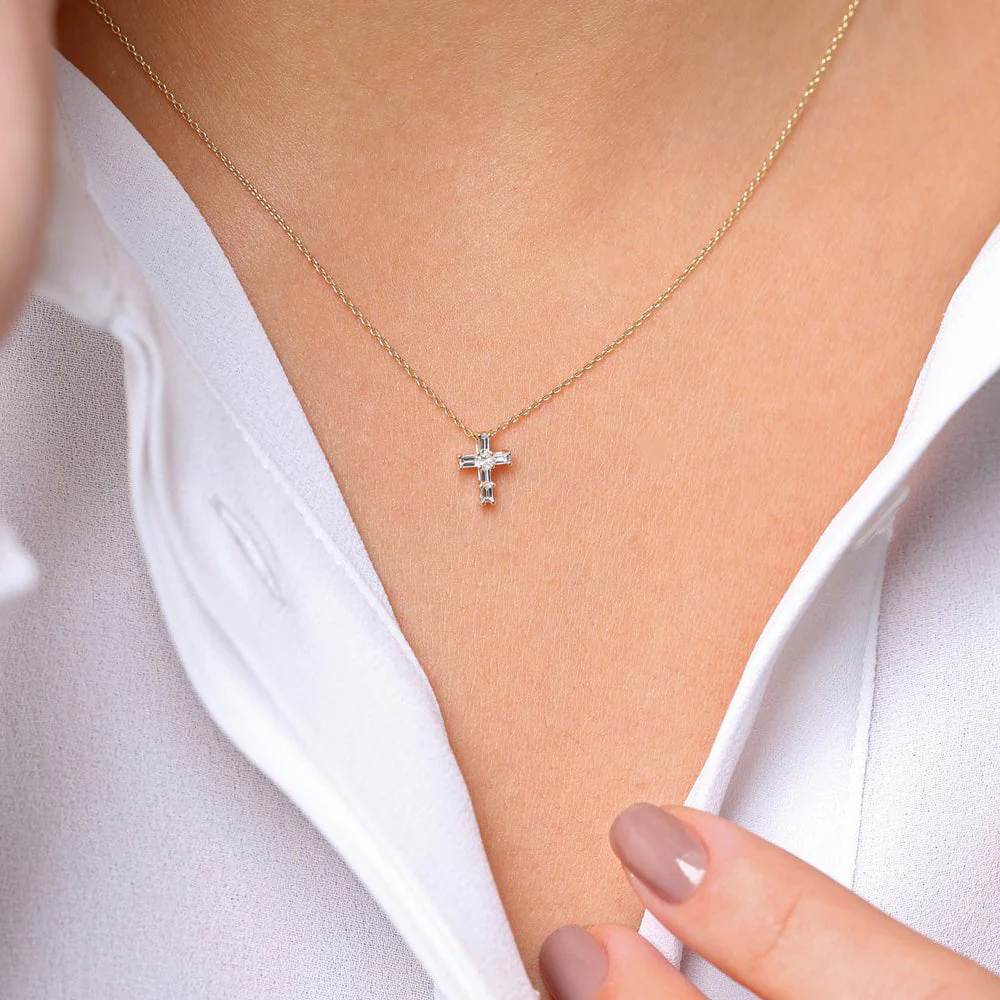 14K Rose Gold Baguette Diamond Tiny Cross Necklace - Image 3