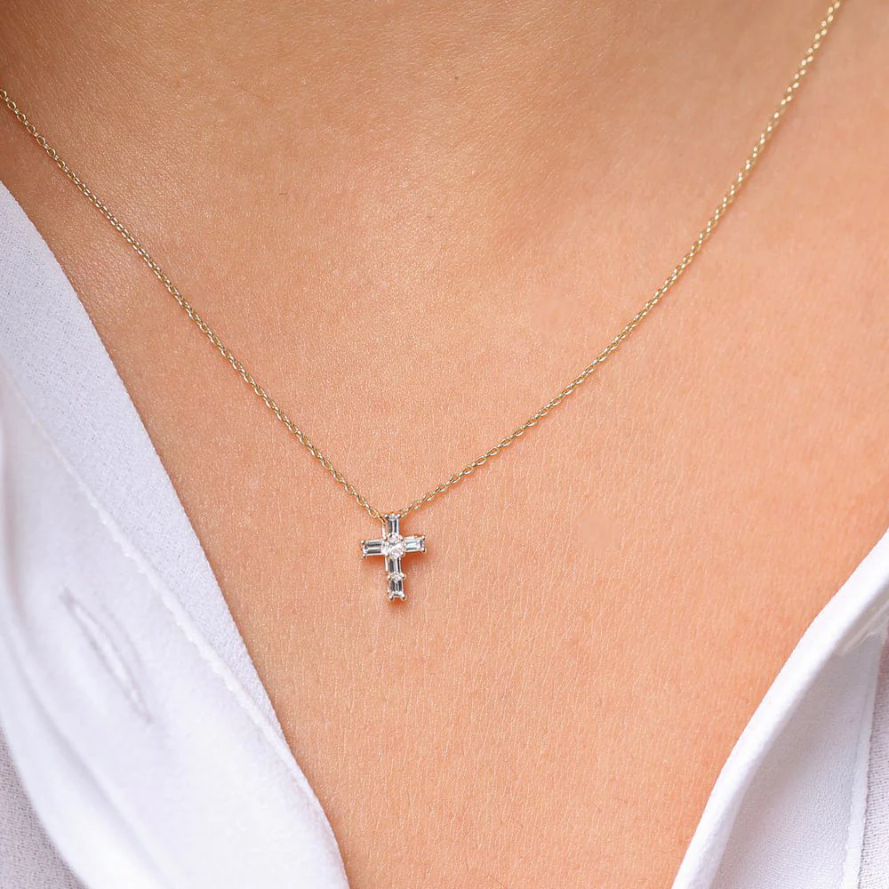 14K Rose Gold Baguette Diamond Tiny Cross Necklace - Image 4
