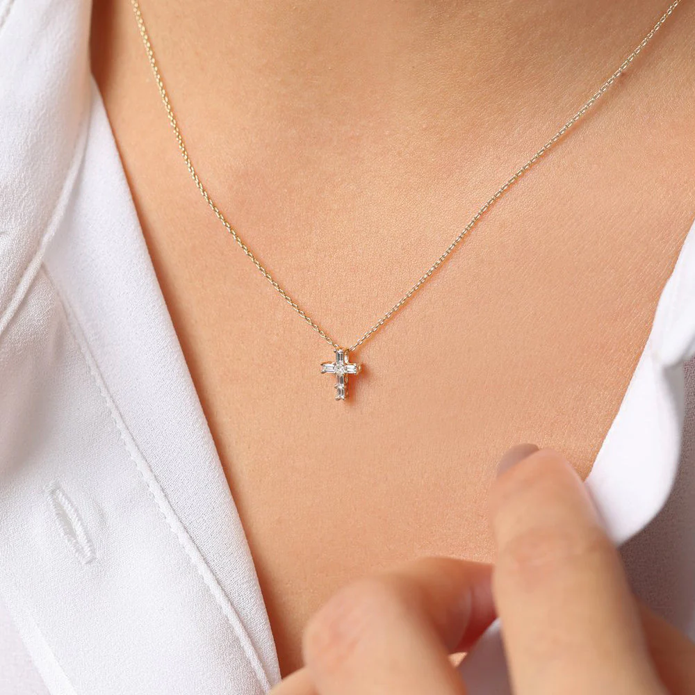 14K Rose Gold Baguette Diamond Tiny Cross Necklace - Image 5