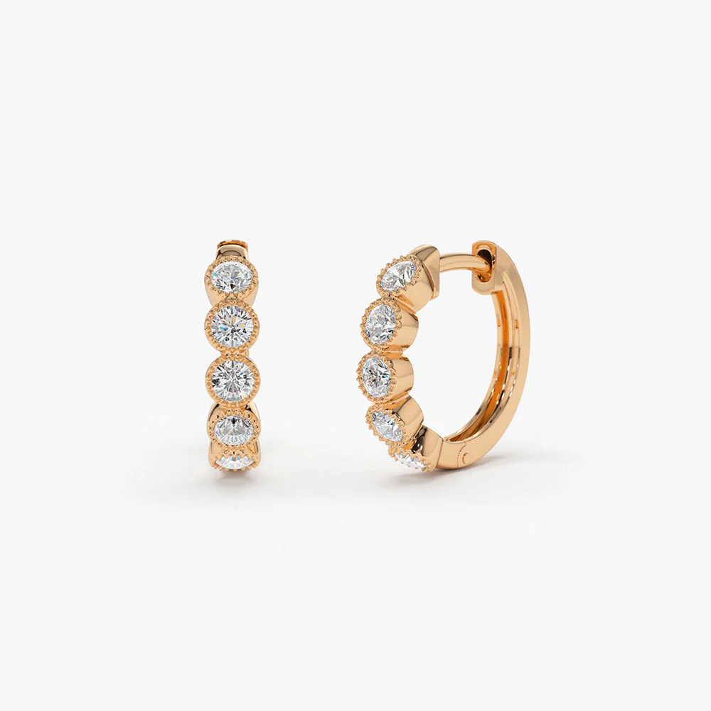 14K Rose Gold Bezel Setting Diamond Huggie Earrings