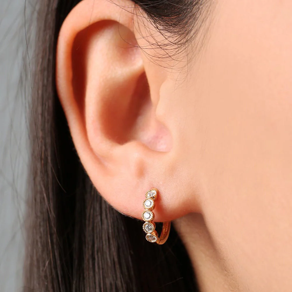14K Rose Gold Bezel Setting Diamond Huggie Earrings - Image 4