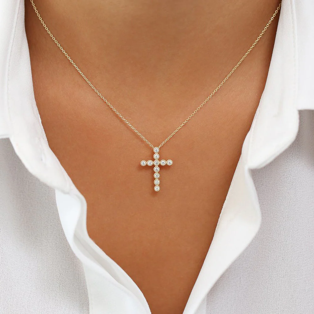 14K Rose Gold Bezel Setting With Milgrain Diamond Cross Necklace - Image 3