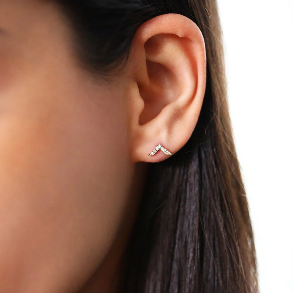 14K Rose Gold Dainty Diamond Chevron Earrings - Image 2