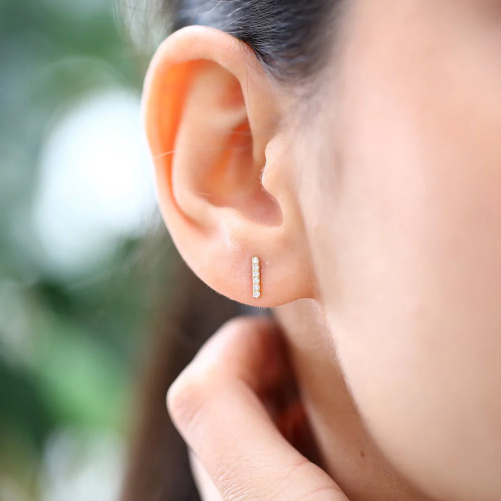 14K Rose Gold Diamond Bar Stud Earrings - Image 2