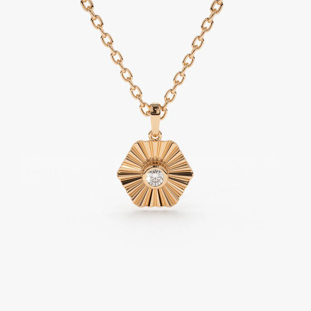 14K Rose Gold Hexagon Diamond Disc Ray Necklace