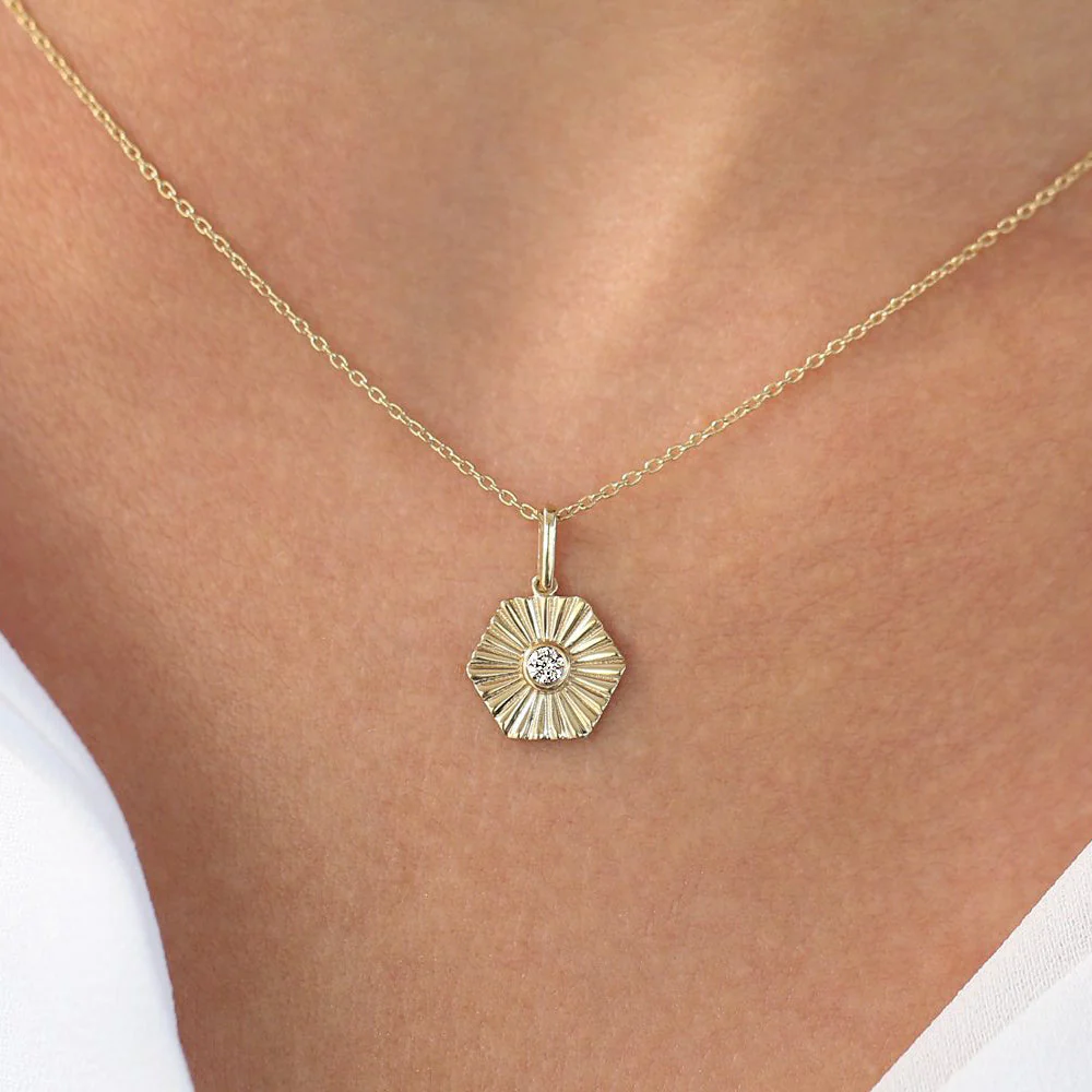 14K Rose Gold Hexagon Diamond Disc Ray Necklace - Image 2