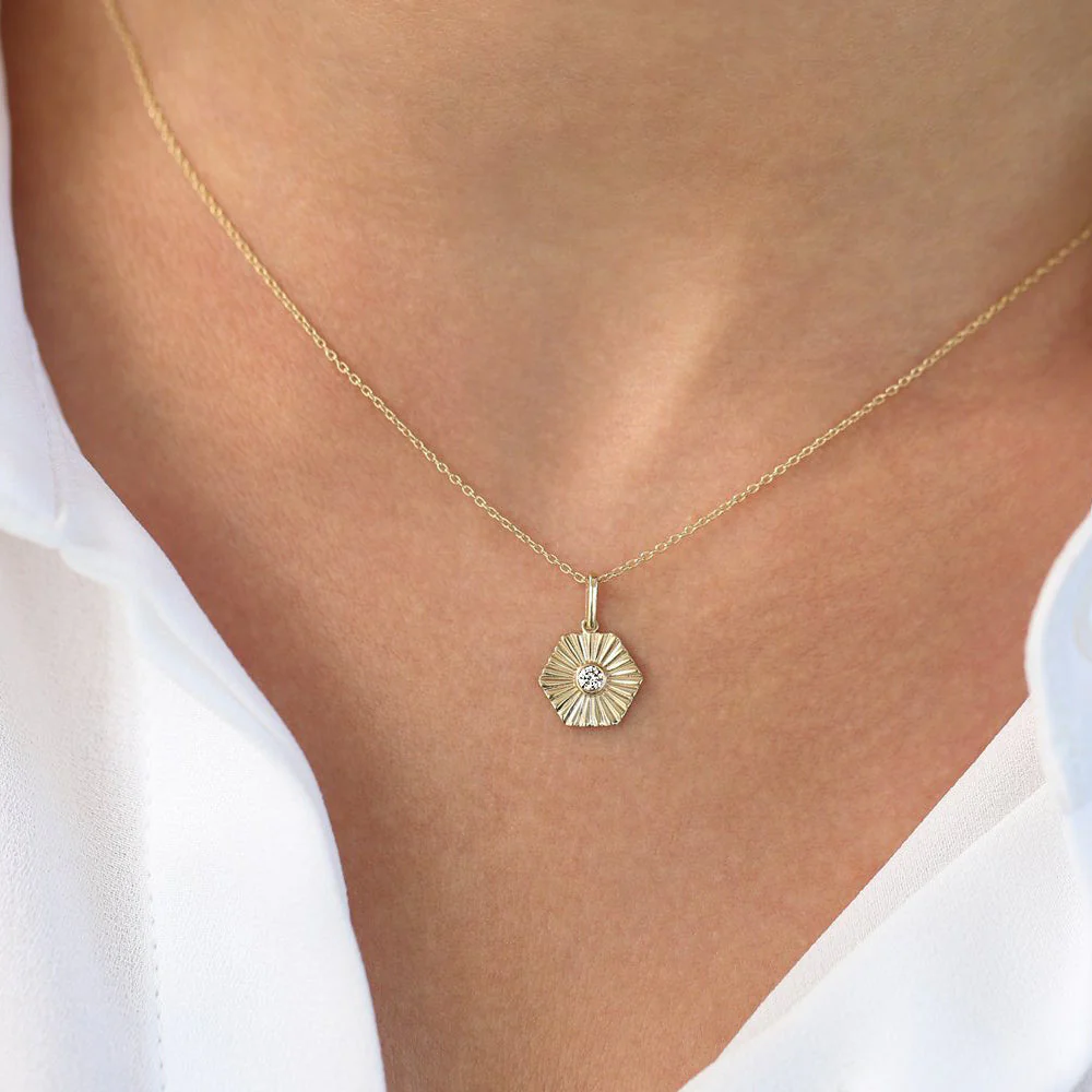 14K Rose Gold Hexagon Diamond Disc Ray Necklace - Image 3