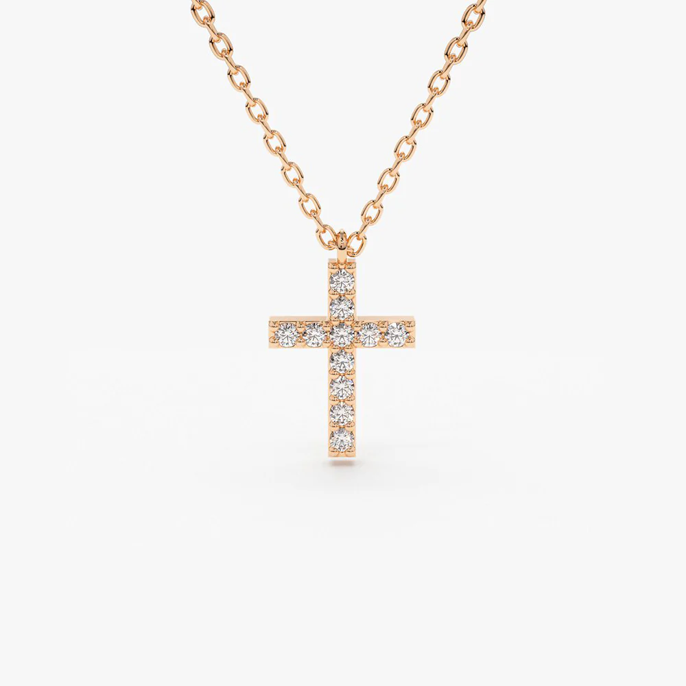 14K Rose Gold Micro Pave Diamond Cross Necklace