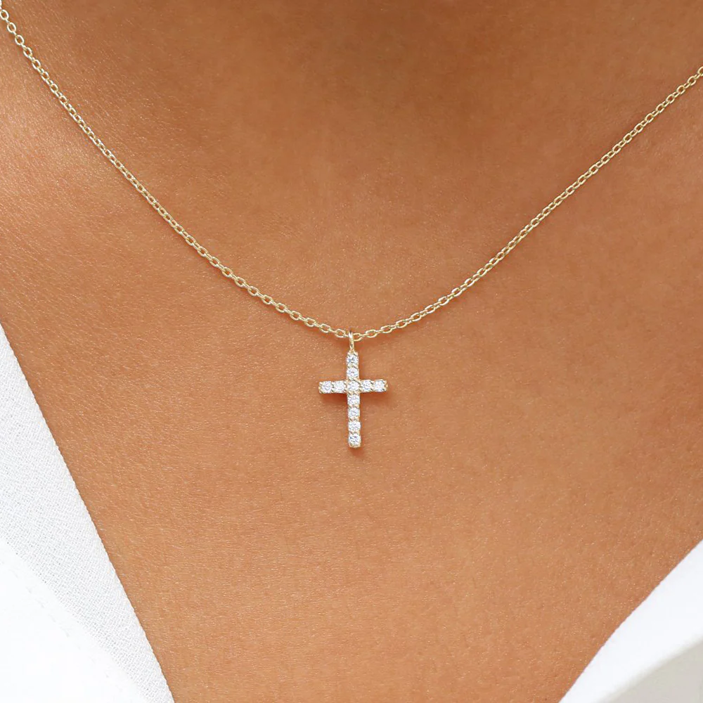 14K Rose Gold Micro Pave Diamond Cross Necklace - Image 2