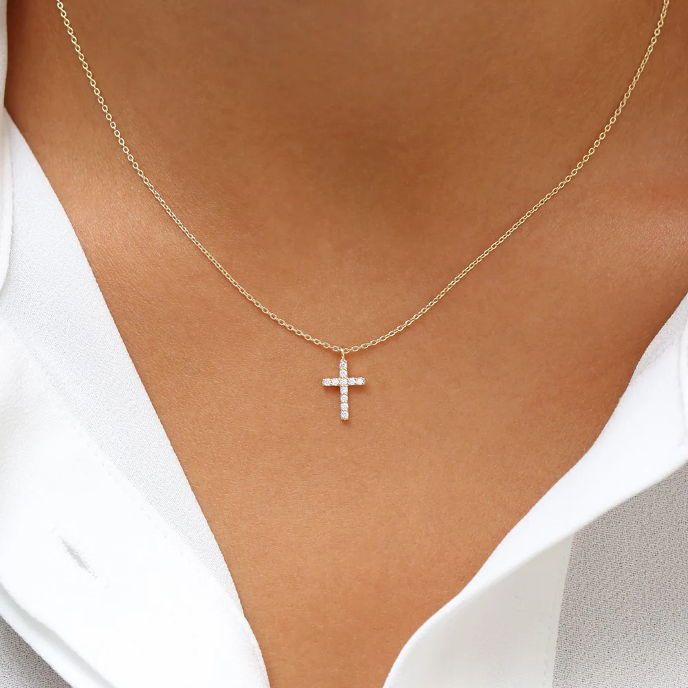 14K Rose Gold Micro Pave Diamond Cross Necklace - Image 3