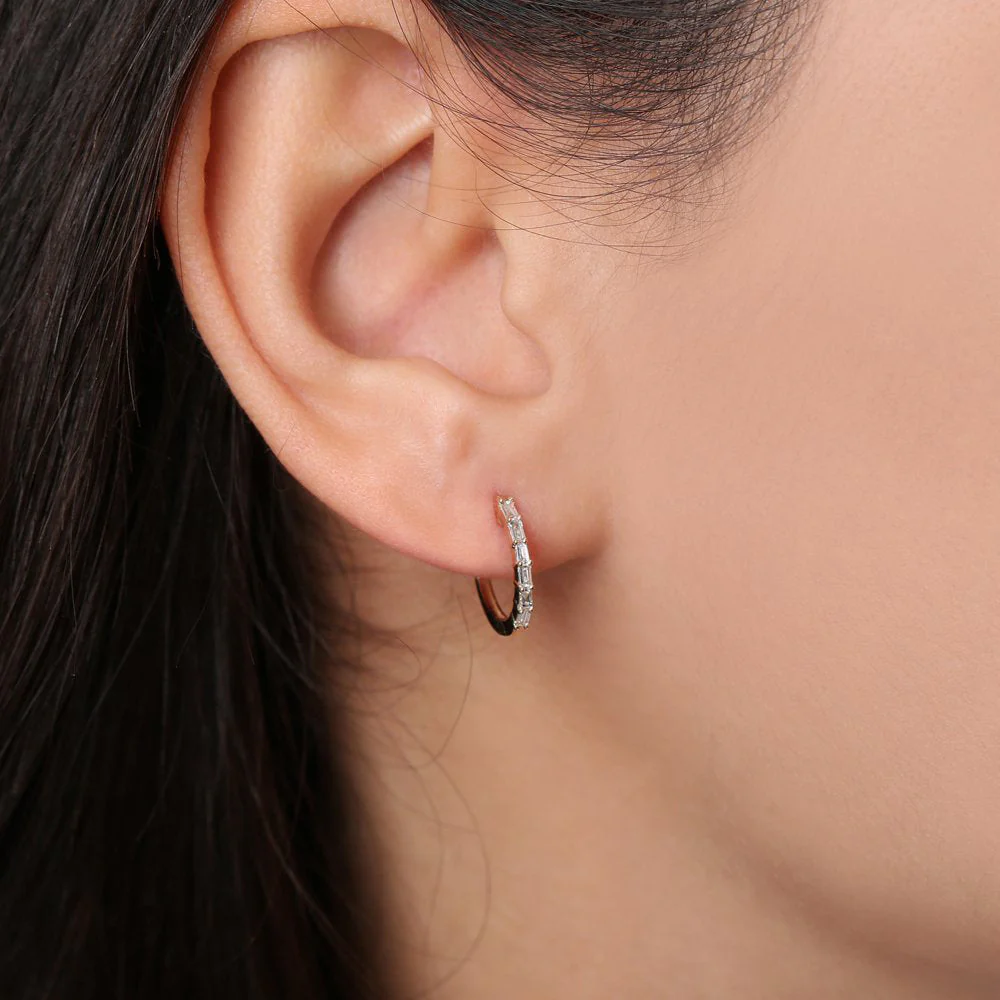 14K Rose Gold Mini Baguette Huggie Earrings - Image 4