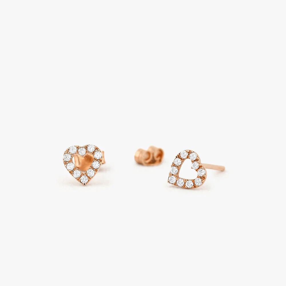 14K Rose Gold Mini Heart Earrings Diamond Studs