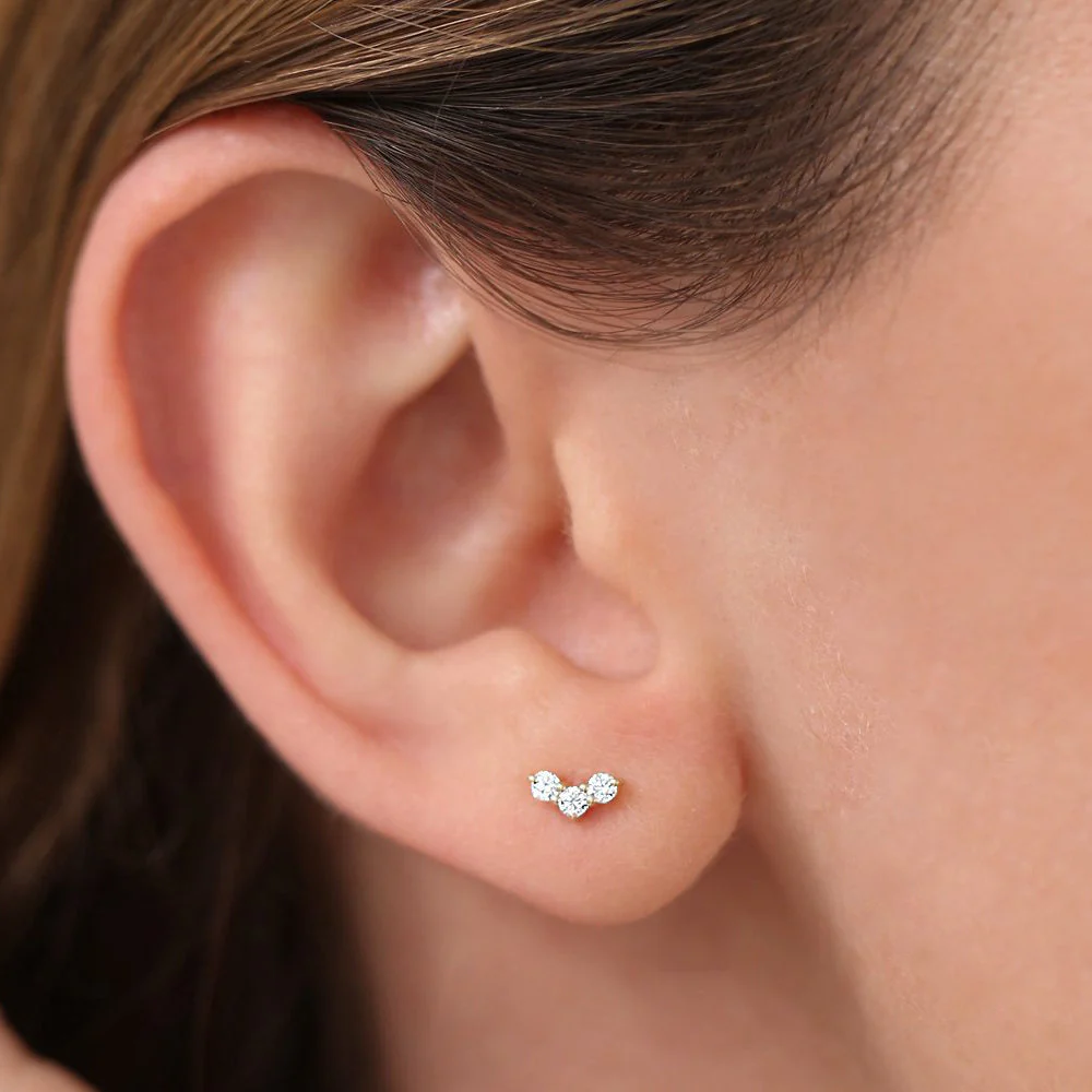 14K Rose Gold Mini Trio Diamond Stud Earrings - Image 3