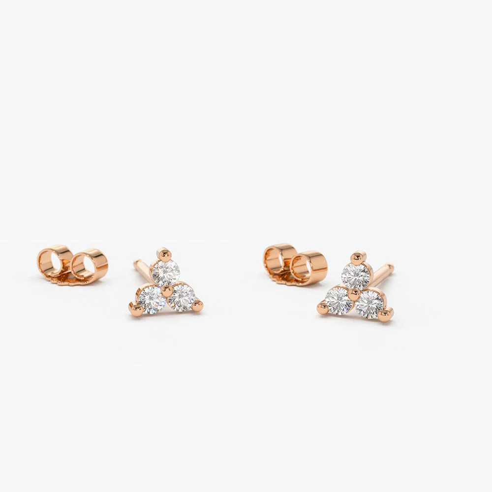 14K Rose Gold Prong Setting Diamond Trio Tiny Stud Earrings