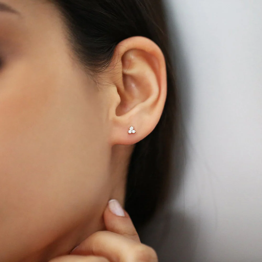 14K Rose Gold Prong Setting Diamond Trio Tiny Stud Earrings - Image 2