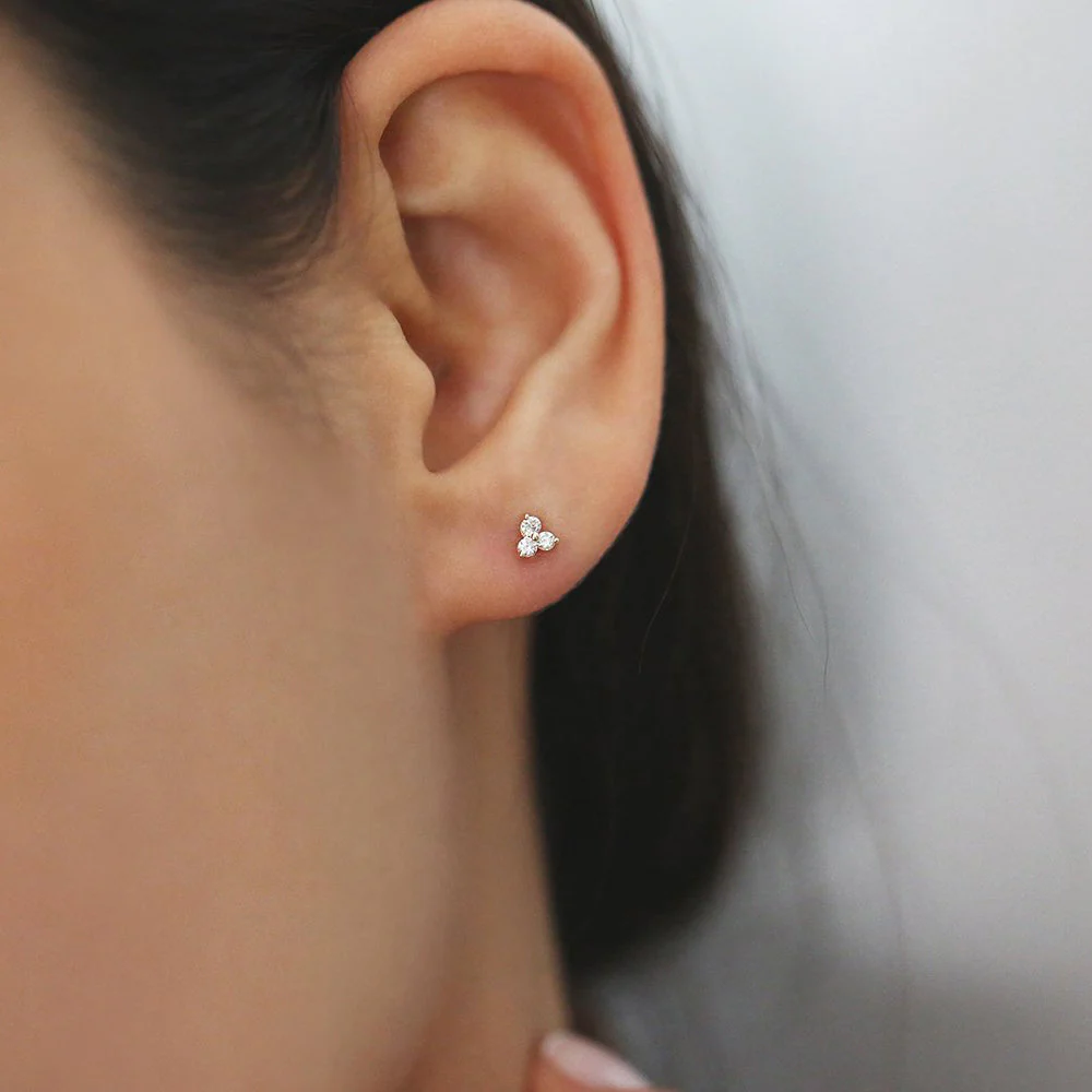 14K Rose Gold Prong Setting Diamond Trio Tiny Stud Earrings - Image 3
